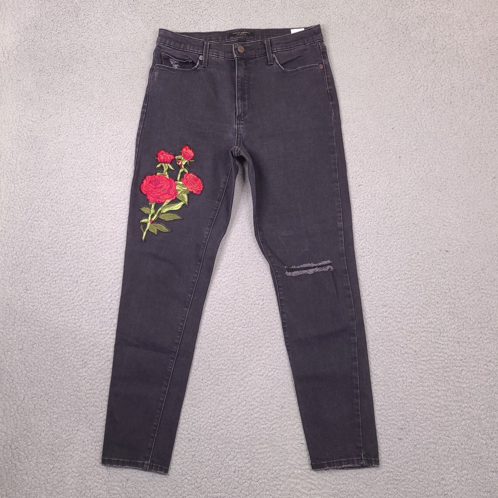 Banana Republic Jeans Womens 29/8 Black Mid Rise Skinny Distressed Rose Flowers‎